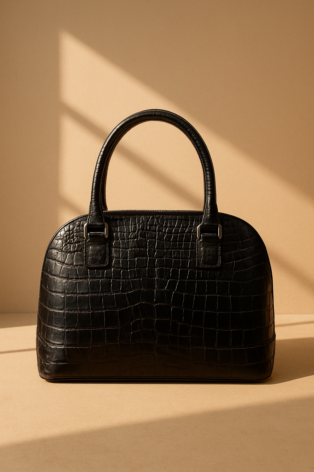 «کیف دستی زنانه مشکی با طرح چرم کروکودیل و دسته‌های کوتاه»